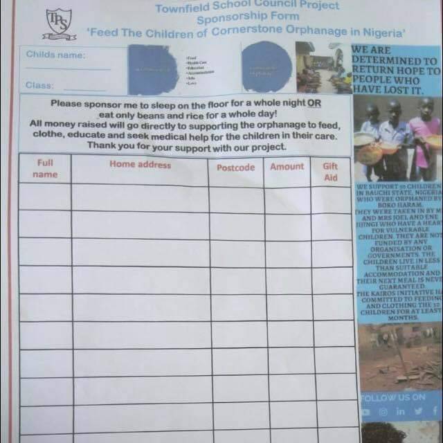 kairoscharity's tweet photo. We're so grateful to children&amp;staff of #Townfield primary schl who've decided to do sponsored events to raise money for#TheKairosInitiative 
Some will sleep on the floor for a night&amp;some will eat beans&amp;rice the whole day.Our hearts are full of thanks to the kids&amp;amazing school! https://t.co/udyomOyTF0