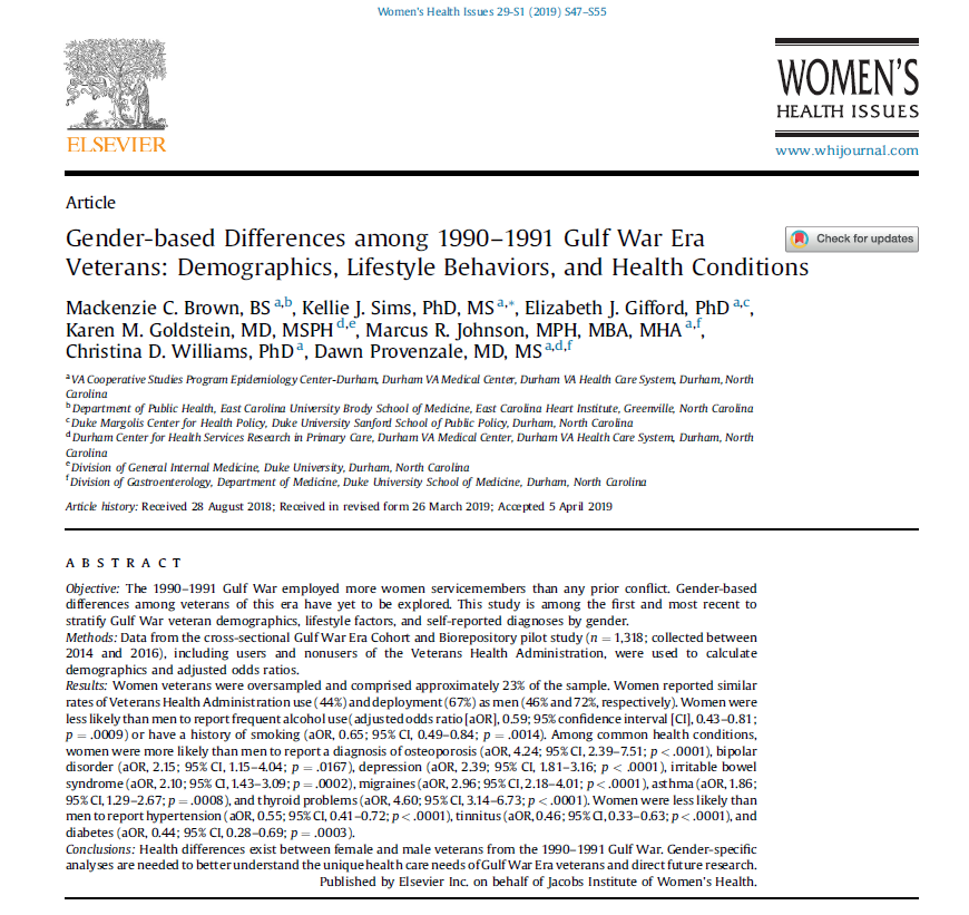 DurhamADAPT's tweet photo. A recent study of 1990-1991 Gulf War Era veterans suggests that gender-specific analyses are needed to better understand the health differences that exist between male and female veterans of this era. #CSPEC #VeteransWHI
https://t.co/fuCk7AzxpK https://t.co/0z2Sm30EXH