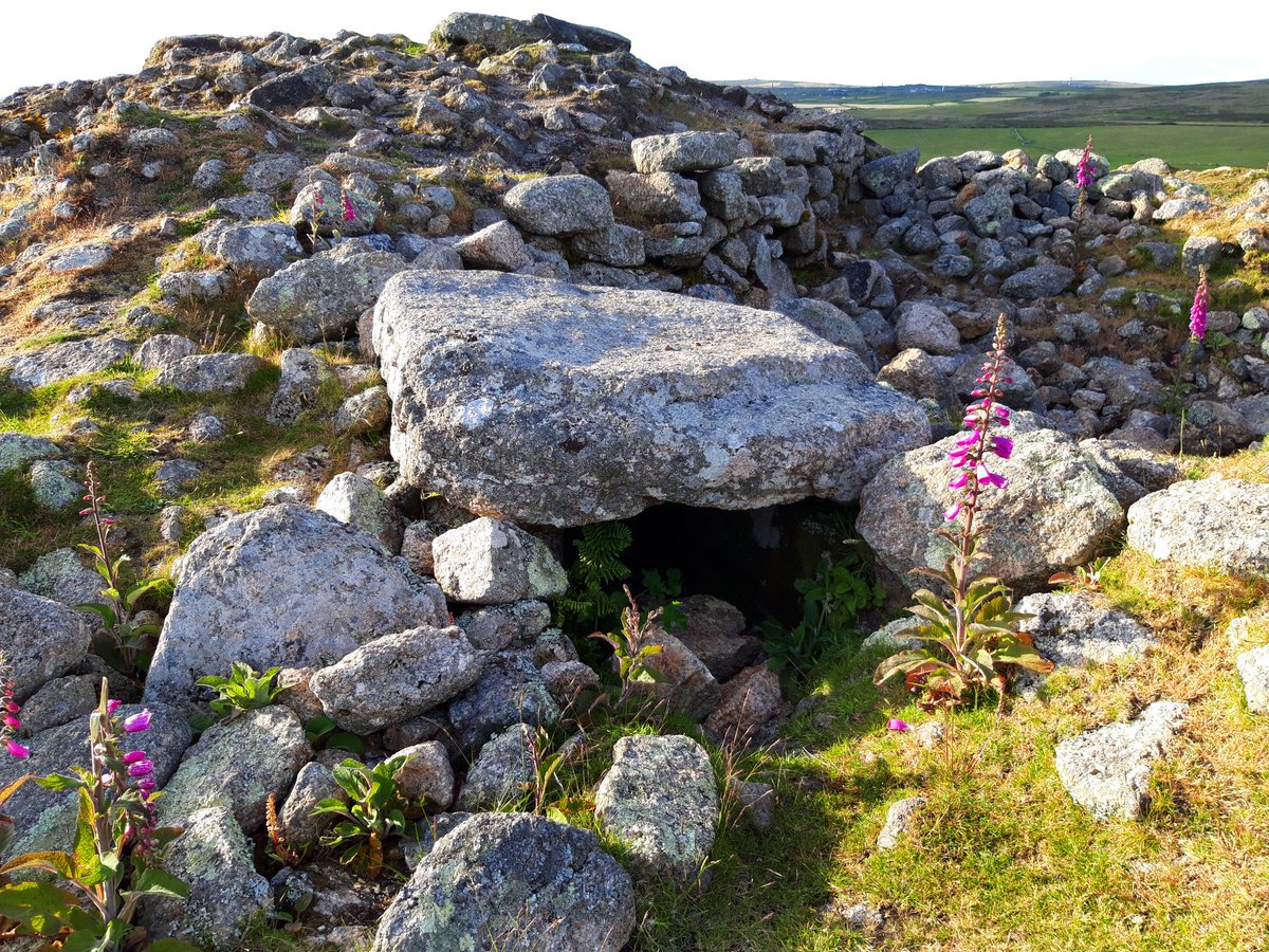 Chapel Carn Brea, the first and last hill in mainland Britain, has a Neolithic entrance grave under the remains of a medieval chapel, cairns and hut circles. Views as far as The Lizard in one direction, The Isles of Scilly in the other. More ...  #PrehistoryOfPenwith