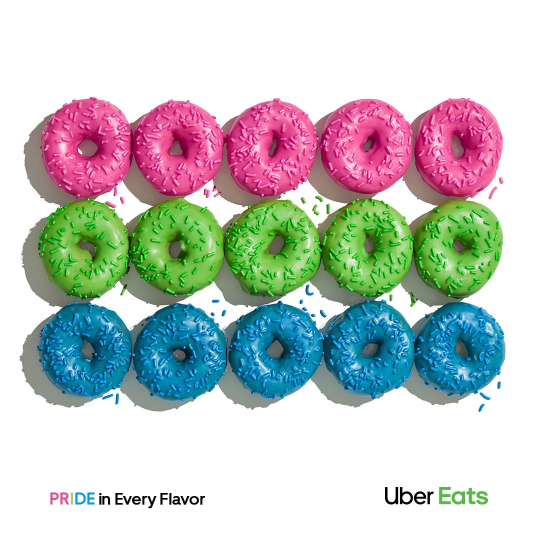 UberEats's tweet photo. OoooOOO sprinkles for breakfast? Donut mind if we do… 🍩 The glazed pink of the #polysexual flag represents attraction to female-identified people, the blue attraction to male-identified, and the green attraction to people who identify outside the male-female binary. #Pride2019 https://t.co/FXF58kkIaK