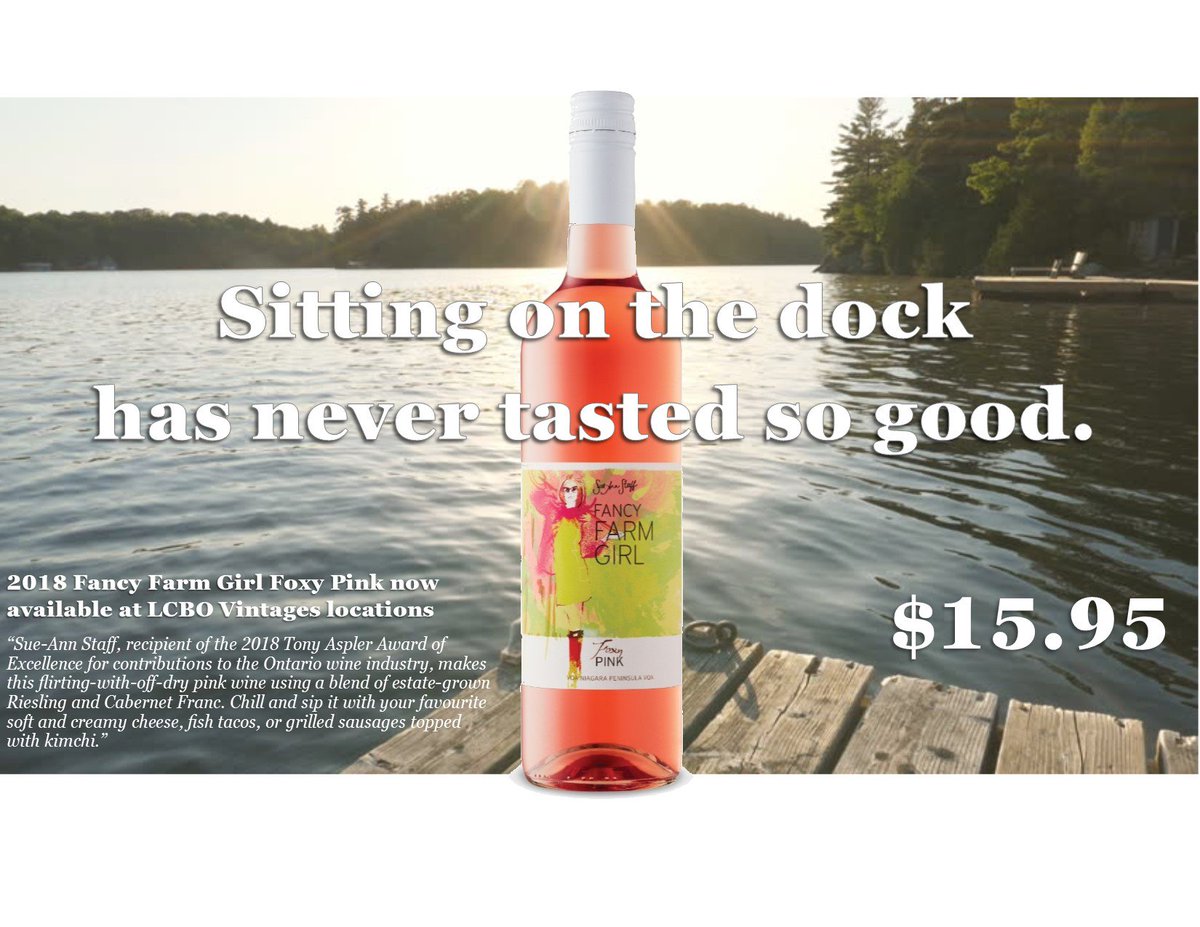 SueAnnStaff's tweet photo. If you're off to the cottage this weekend, pick up a bottle or two of our brand new 2018 @Fancy_Farm_Girl Foxy Pink at @LCBO Vintages $15.95. Sitting on the dock has never tasted so good ;) #drinkpink #VQA #VQeh #wholelottarosé  https://t.co/5oWu2HnHCV https://t.co/J0AWOr7zSM