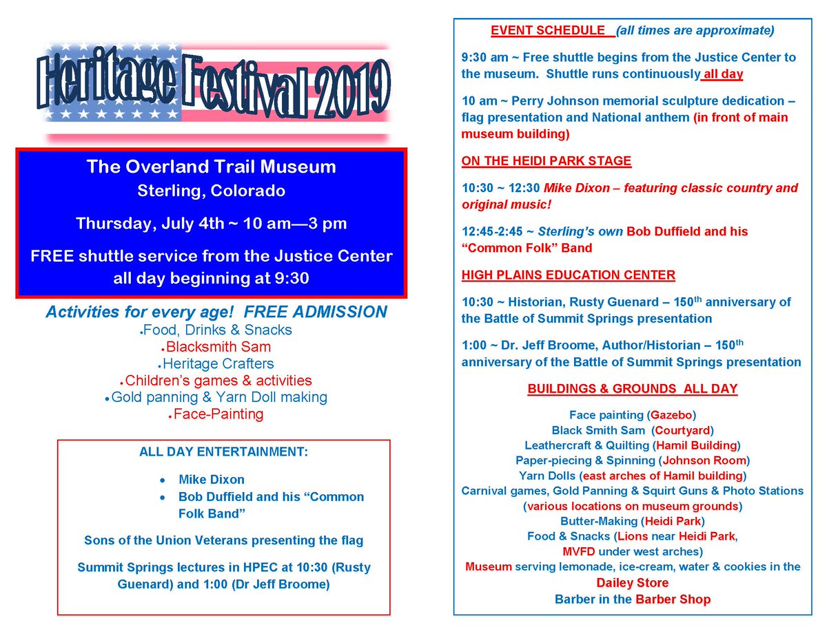 CSUNREC's tweet image. Don&apos;t miss this great annual #IndependenceDay Event!!
Heritage Festival 2019 - Thursday #4thofJuly 10:00 a.m. - 3:00 p.m.
The Overland Trail #museum in Sterling Colorado
FREE Admission! - Activities for every age! - All day entertainment!
@ExploreSterling