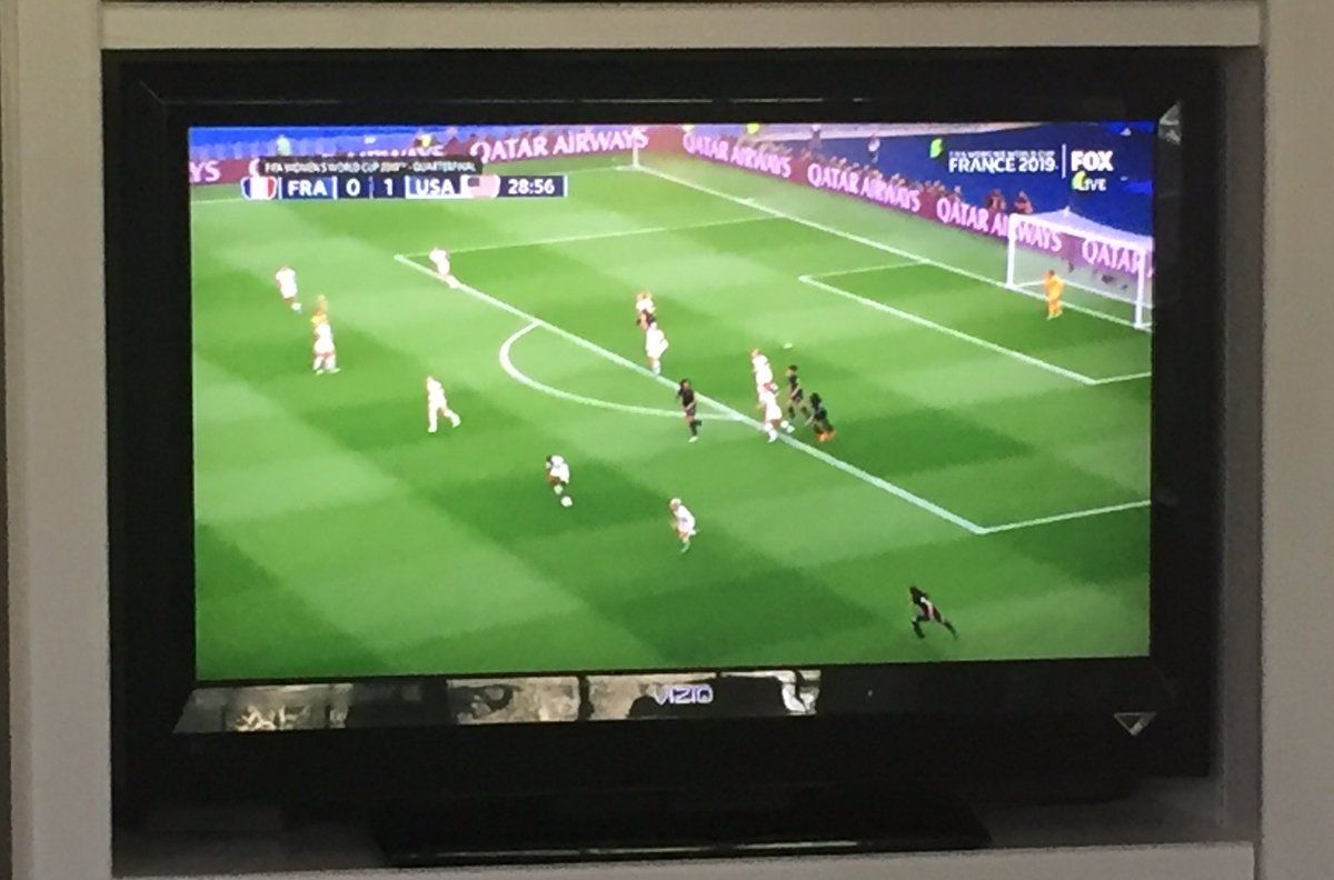DavidRosowsky's tweet photo. Eurovision. Split screens this afternoon. Watching the @USWNT in the quarterfinals in Paris, France 🇫🇷 and my daughter playing with the @VYOAorg in Avila, Spain 🇪🇸 today. #USAvsFRA #vyoa https://t.co/ACpfAQ39Mp