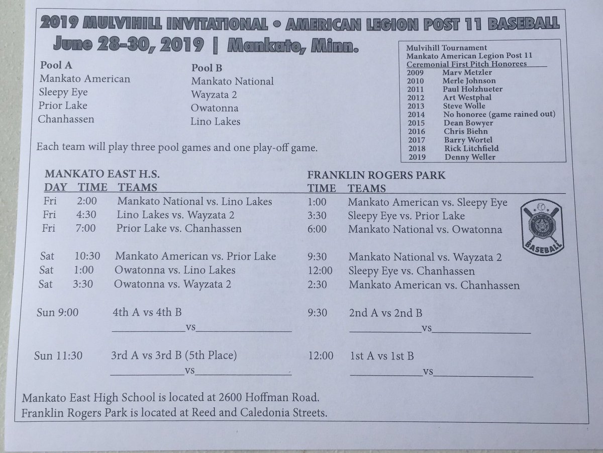 No admission charge this year for the <a href="/mulvihill_11/">Mulvihill Invitational | Mankato Post 11</a> Legion Baseball tournament. Stop over and see some great ball at both The Frank and Wolverton. @AmericanMankato <a href="/mankatonational/">Mankato National</a>.