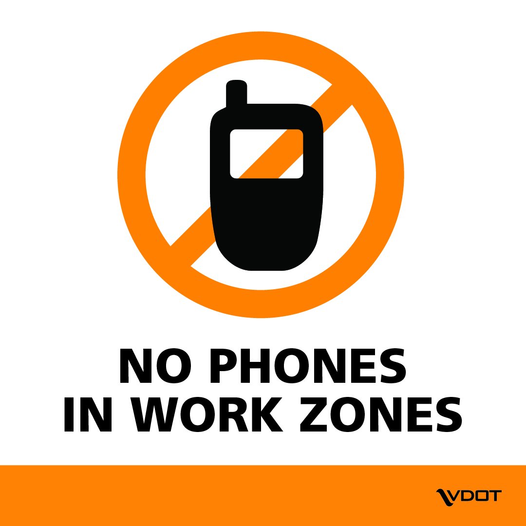 VaDOT's tweet photo. Starting Monday (7/1) it is against #VA law to hold a handheld personal communications device while driving through a highway #workzone. Offenders will be fined $250 #NoPhonesinWorkZones 🚫📱

More ➡️ https://t.co/YdGnNXdYC7 @GovernorVA @VSPPIO @VirginiaDMV https://t.co/G5bILxlZk9