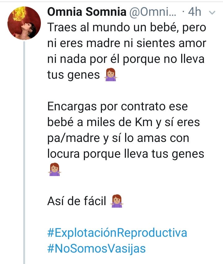 Omnia_Somnia's tweet photo. Quité este tuit que veis en la captura porque hay peña malintencionada  buscándome las vueltas.

Quien me conoce sabe que éste es el discurso de explotadores reproductivos y compradores de bebés, NO EL MÍO.

#VientresDeAlquiler
#ExplotaciónReproductiva
#CompraventaBebés https://t.co/V0VE08eBgQ