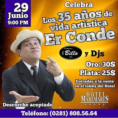 Este sábado 29 de junio su majestad <a href="/erguacharo69/">ErGuacharo69</a> estará en <a href="/maremareshotel/">Hotel Maremares</a> una noche para celebrar sus 35 años de vida artística. 
Busca tus entradas en el Lobby del Hotel. 

#Anzoategui #Lechería #Eventos #LecheríaSocial #ErCondeDelGuacharo #Show #Espectaculos