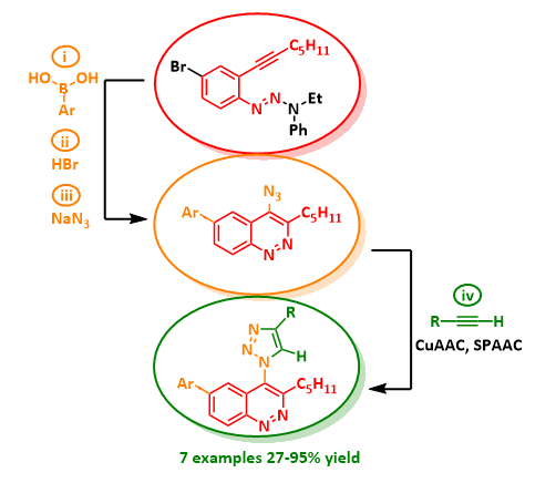 BalovaGroup's tweet photo. A synthetic route towards #cinnolines with an #azide group at C4 and Ar moiety at C6 from @BalovaGroup in @Molecules_MDPI. Azidocinnolines are active in #CuAAC and #SPAAC affording #triazole derivatives. #Sonogashira, #Richter, #Suzuki #fluorescence. 10.3390/molecules24132386 https://t.co/yGyDOpRHIn