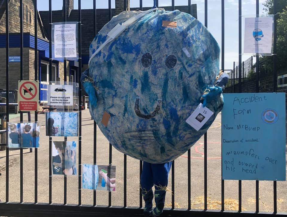 Hi everyone at <a href="/MrMenOfficial/">Mr. Men Little Miss</a> . We thought you'd like to see this...
It's our village scarecrow festival with the theme of Yorkshire, so we chose to make Mr Bump in honour of Roger Hargreaves. He's even got his very own accident report. Clumsy Mr Bump! 
What do you think?