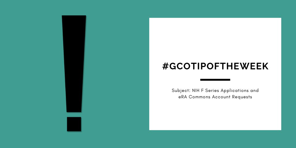 MCW_GCO's tweet photo. #GCOTipoftheWeek: Planning to submit an @NIH F Series application and need the PI role added to your #eRACommons account? Remember! You must create your FP in eBridge and agree to participate prior to submitting the eRA Commons Account Request Form to GCO. https://t.co/UqbR9IhENv