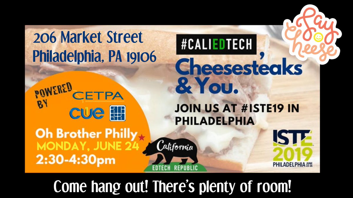 joincalie's tweet photo. Are you heading to #ISTE19? Interested in grabbing a cheesesteak with 100 or so of your favorite CA educators? Join #CaliEdTech in Philly on June 24 from 2:30-4:30pm #CUEgoestoISTE19
https://t.co/lh0MN9QIXe Powered by @ACSA_info, @CETPA, & CUE
#CAEdChat #BettertogetherCa https://t.co/YJBrvnRJJi