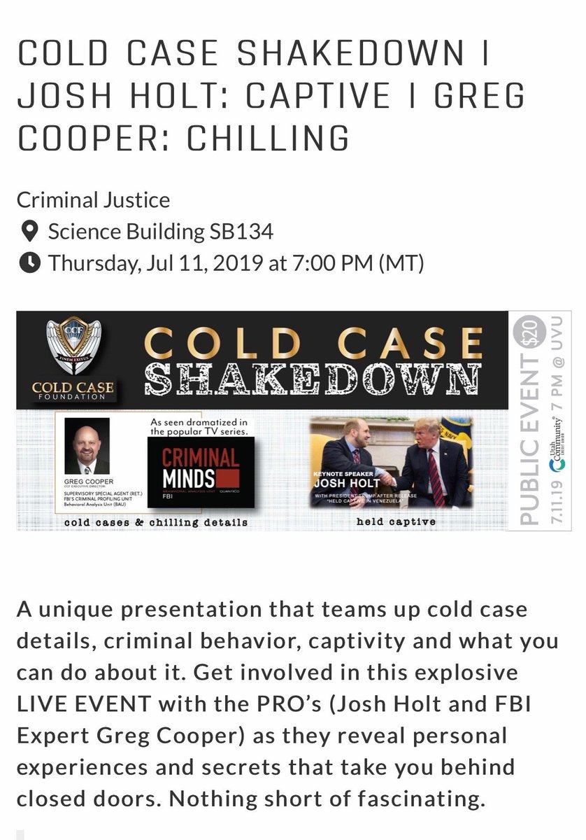 cold_foundation's tweet photo. @nypost Join @cold_foundation Shakedown @UVU 7.11.19 @7pm LIVE EVENT to increase safety, reduce risk from PREDATORS: Who They Are. How To Stop Them. It’s informative, insightful, educational. Everyone needs tips to protect themselves in our world today #coldcasefoundation #MackenzieLueck https://t.co/X8ybXUFmep