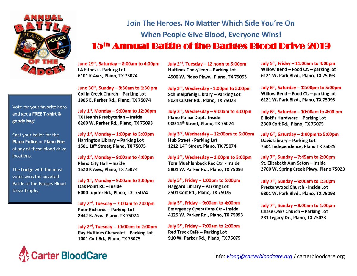PlanoPoliceDept's tweet photo. REMINDER: Battle of the Badges blood drive begins tomorrow and runs through July 7th. Please come out and donate blood. All those who donate, or attempt and are declined, will receive a free t-shirt, goody bag, and chance to vote for Police or Fire. #VotePolice https://t.co/n96gXj7Paa