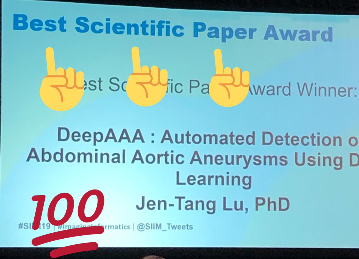 traviscaton's tweet photo. Update: AWARD winning presentation by @jentanglu on AAA Detection using deep learning approach @clindatsci @kpa_kathy @MarkHMichalski @BernardoBizzo #SIIM19 @SIIM_Tweets https://t.co/79T6PU36Yc
