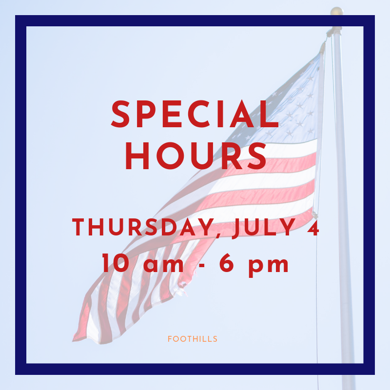 SPECIAL HOLIDAY HOURS

Thursday, July 4th we will be open from 10am - 6pm.
Exterior store and restaurant hours may vary.