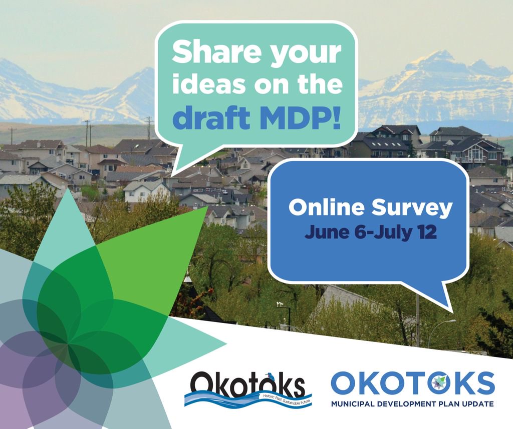 Share your thoughts! Please provide feedback on important decisions for Okotoks' future: water, business, development, sustainability &amp; more! Take the MDP survey at buff.ly/2Uh9Xtr. Thank you for participating! 😃👍