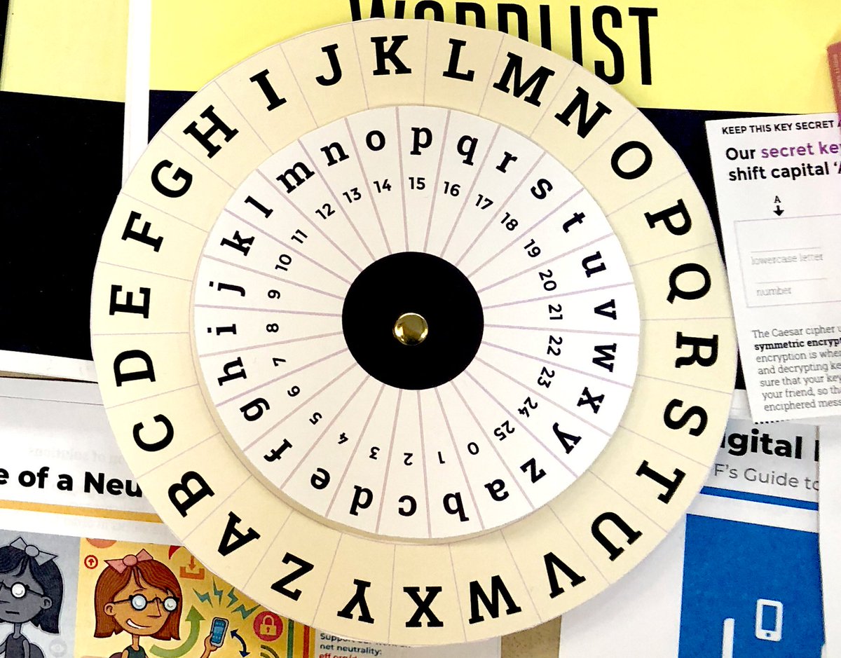 EFF's tweet photo. Today, we are at Tech in the Tenderloin with a cipher activity!
Shown: a paper cipher, with two 26-character alphabet wheels, held together with a metal brad #techinthetenderloin https://t.co/1rpXUQeBtx https://t.co/Q6XFeDeYAW