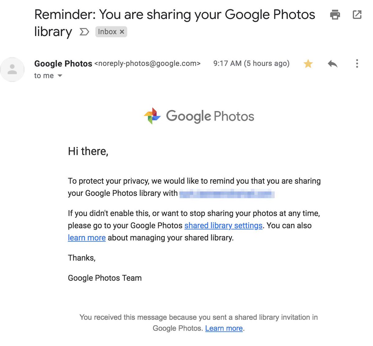  #delightful_design_details #1When sharing an entire photo library on Google Photos (not just an album), users get periodic email reminders it's still active. Being proactive about privacy settings, even when they were explicitly set, makes users feeling reassured and valued.