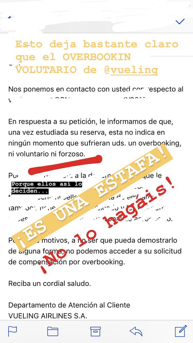 Marta_Pericacho's tweet photo. ¡La estafa de @vueling con el overbooking voluntario! Dicen que te pagan 150€ por billete (aunque por normativa son 250€) y te reubican en el siguiente vuelo, pero cuando realizas la reclamación te indican que “no ven en tu caso overbooking ni voluntario ni forzoso”. https://t.co/78erJLsmY2