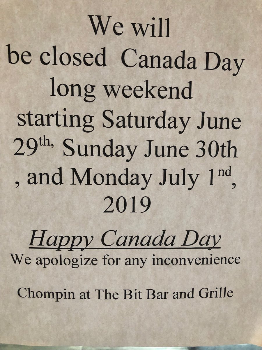 So sorry but The Bit will be closed this weekend. Have a great Canada Day weekend from all of the staff at The Bit.  Be safe.