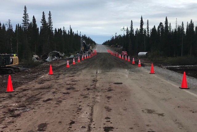 TI_GovNL's tweet photo. The Trans-Labrador Highway at the site of the washout earlier this week will reopen to one lane at 8 p.m. (Labrador time) this evening. Motorists are advised to watch for traffic lights and signs. Expect minor traffic delays. Repairs will continue in the morning. #nltraffic https://t.co/cFYk4EQYJY
