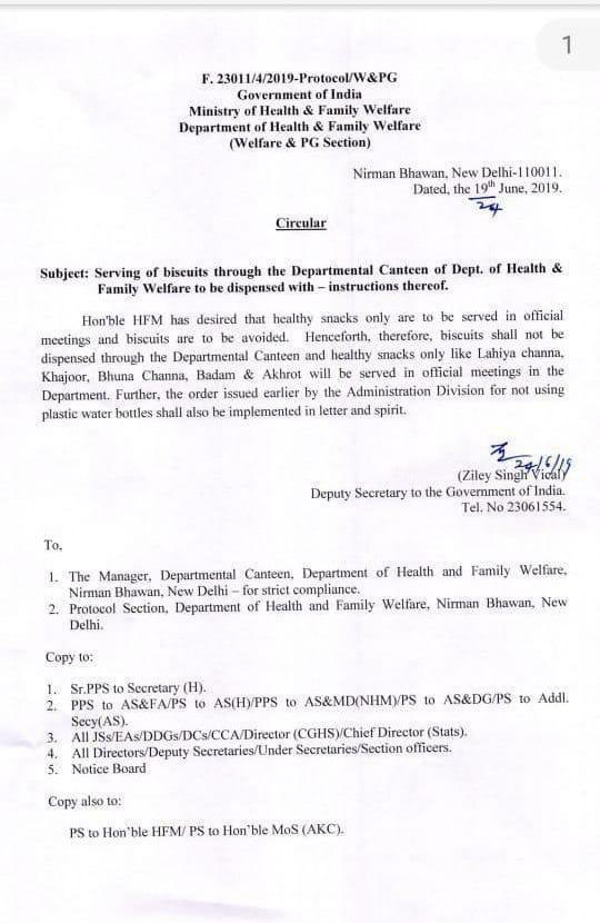 no plastic bottles, no biscuits. good move by <a href="/drharshvardhan/">Dr Harsh Vardhan</a>. do you agree? 

#HealthyFood #HealthyLiving