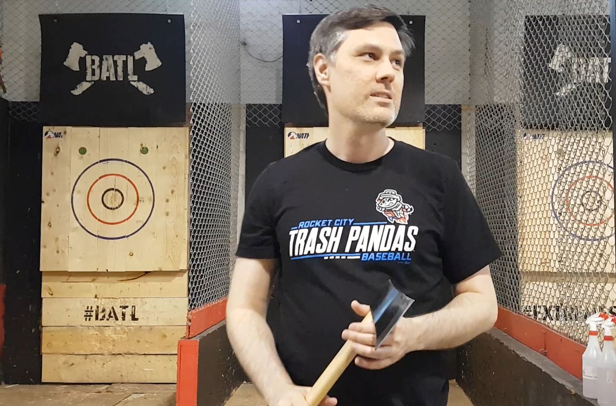 ADoseofBuckley's tweet photo. A little Friday night practice at @batlgroundsaxe London while wearing my new @trashpandas shirt. Throwing the famous Axe Gang by @Coldsteelknives. #TheWorstShillEver #NotGettingPaidForThis. https://t.co/njgyXNp5ST