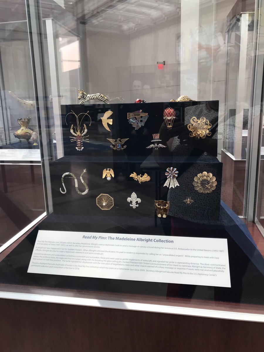 One of my favorites from today, Madeline Albrights pins, which she would use as diplomatic tools to show her mood or attitude during her time as ambassador to the UN #readmypins on display at the State Department