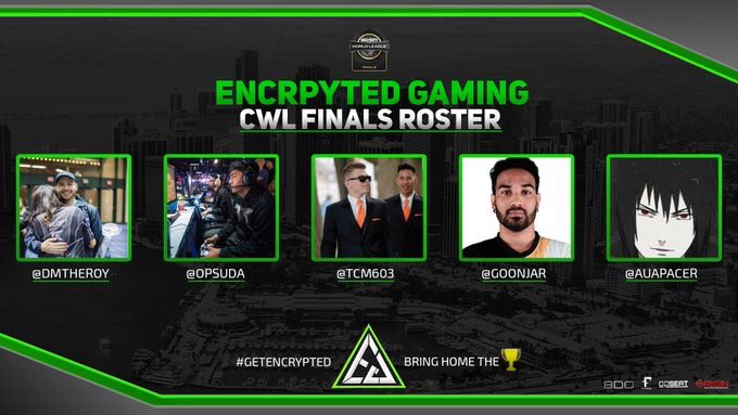 Encrypted_Gamin's tweet image. @Encrypted_Gamin presents our Official Roster for CWL Miami and Champs for @CODWorldLeague on July 19-21st and August 14-18!

@DMTheory  
@OpSuda 
@TcM603 
@Goonjar 
@AuAPaceR 

Good luck boys! Better watch out for Encrypted we hungry! 🏆 Huntin #EncryptedGaming #GetEncrypted