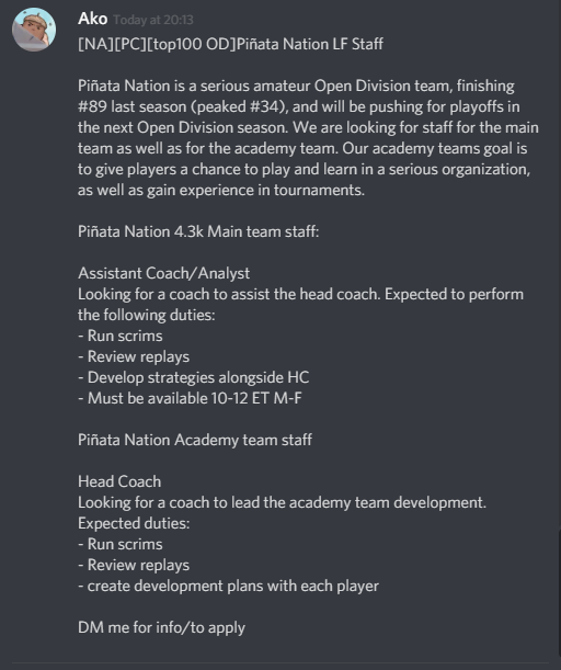 Pinata_Nation's tweet photo. We are looking to add two Overwatch coaches to our staff! Please check out the pic below for more info, and message ako#9158 on discord with questions or to apply. 

RTs greatly appreciated! https://t.co/6RWA0LjXiX