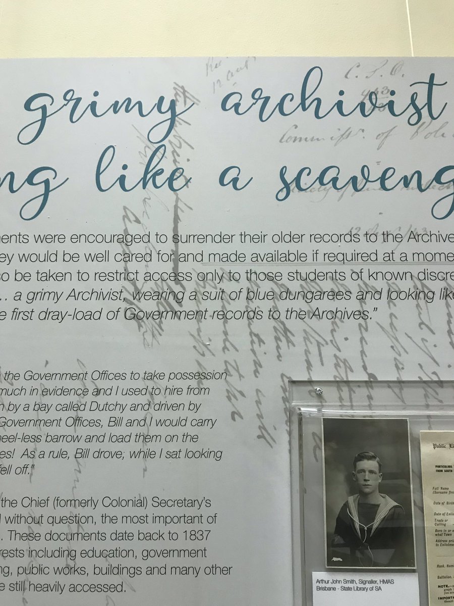 Love the mental image of a “grimy archivist wearing a suit of blue dungarees and looking like a scavenger [bringing] the first dray-load of Government Records to the archives” #Archives100 #grimybutnotdusty