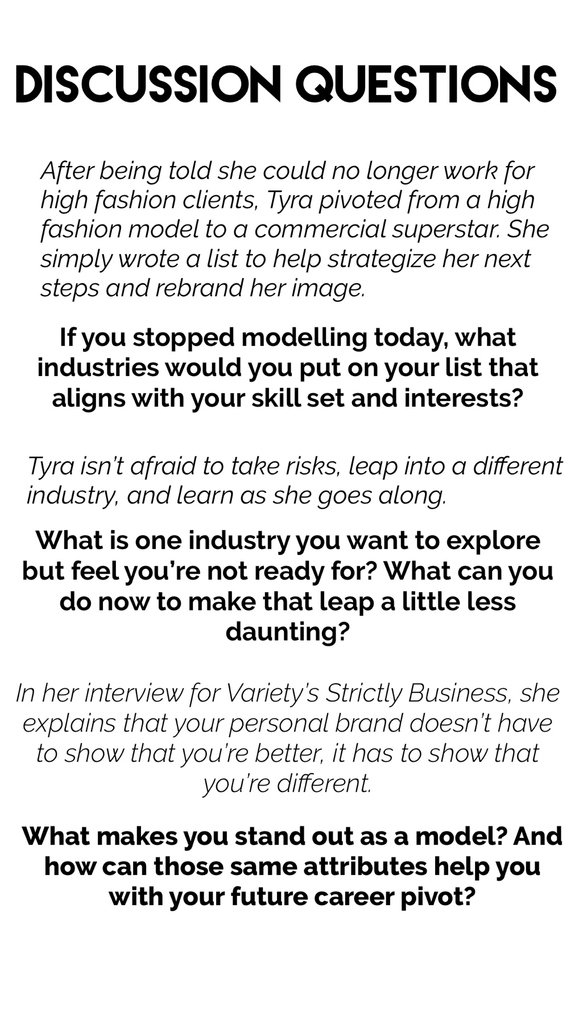 We finished up @tyrabanks #FromModelToMogul feature with three important questions. When reflecting and planning your future career pivot, these are important to keep in mind. 

#TyraBanks #CareerPlanning #GoalMapping #PowerfulWomen