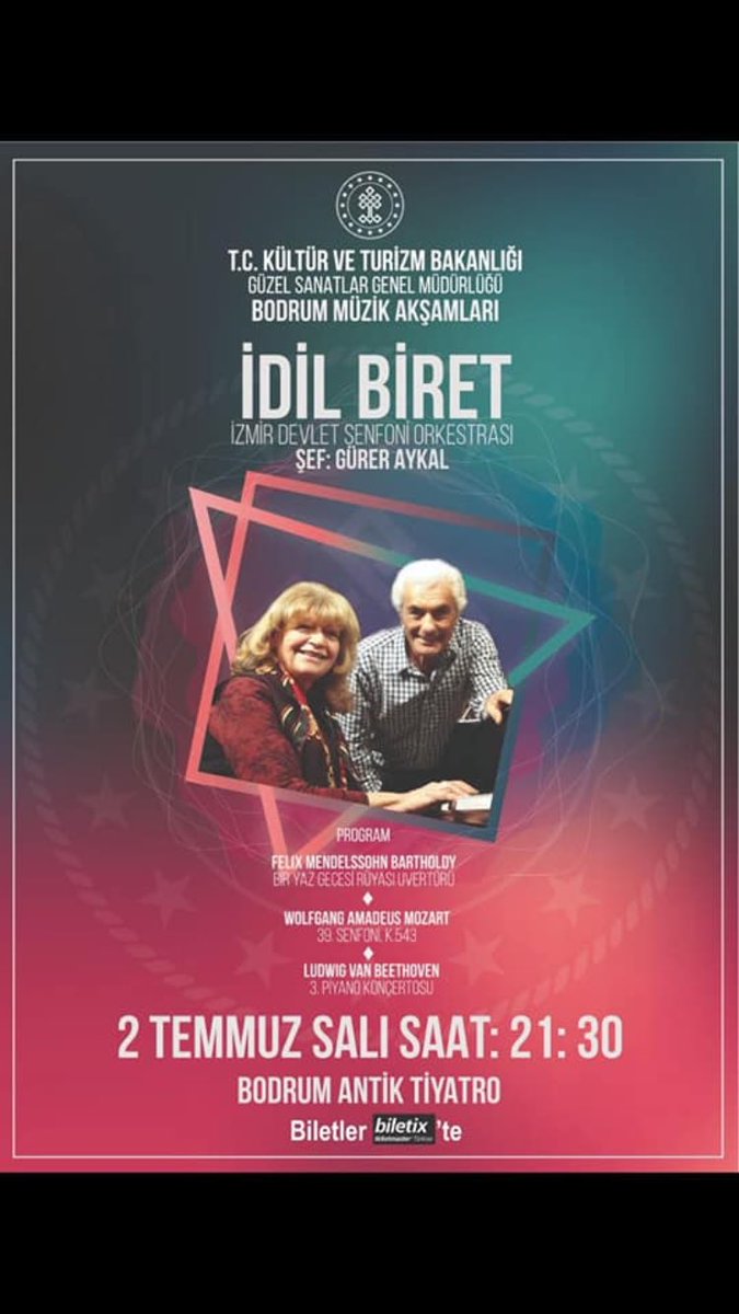 İzdso, T.C Kültür ve Turizm Bakanlığı Güzel Sanatlar Genel Müdürlüğü’nün gerçekleştirdiği Bodrum Müzik Akşamları kapsamında Ülkemizin değerli Şefi Gürer Aykal ile buluşuyor..
Solistimiz yine Ülkemizin değerli sanatçısı İdil Biret..
Bodrum’da buluşmak dileğiyle..
Biletler @biletix