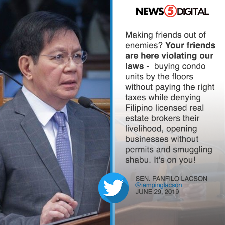 News5PH's tweet image. Nilalabag daw ng ilang Tsino ang mga batas sa bansa na resulta nang pakikipagkaibigan ni Pangulong Duterte sa China ayon kay Senator Panfilo Lacson.