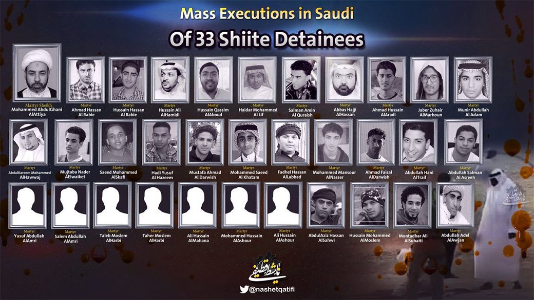 H0SSEINI's tweet photo. Mass Executions in #Saudi
Of 33 #Shiite Detainees
#SaudiExecutions #ISISaudiExecution https://t.co/o4B4P7xz01