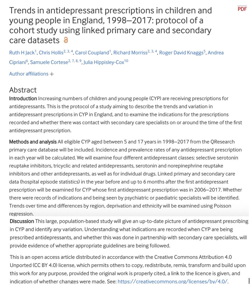 Our protocol in @EBMentalHealth to assess trends in antidepressant prescriptions in children and young people in England, 1998–2017

<a href="/MindTech_Doc/">Prof Chris Hollis</a> <a href="/And_Cipriani/">Andrea Cipriani</a>

ebmh.bmj.com/content/early/…