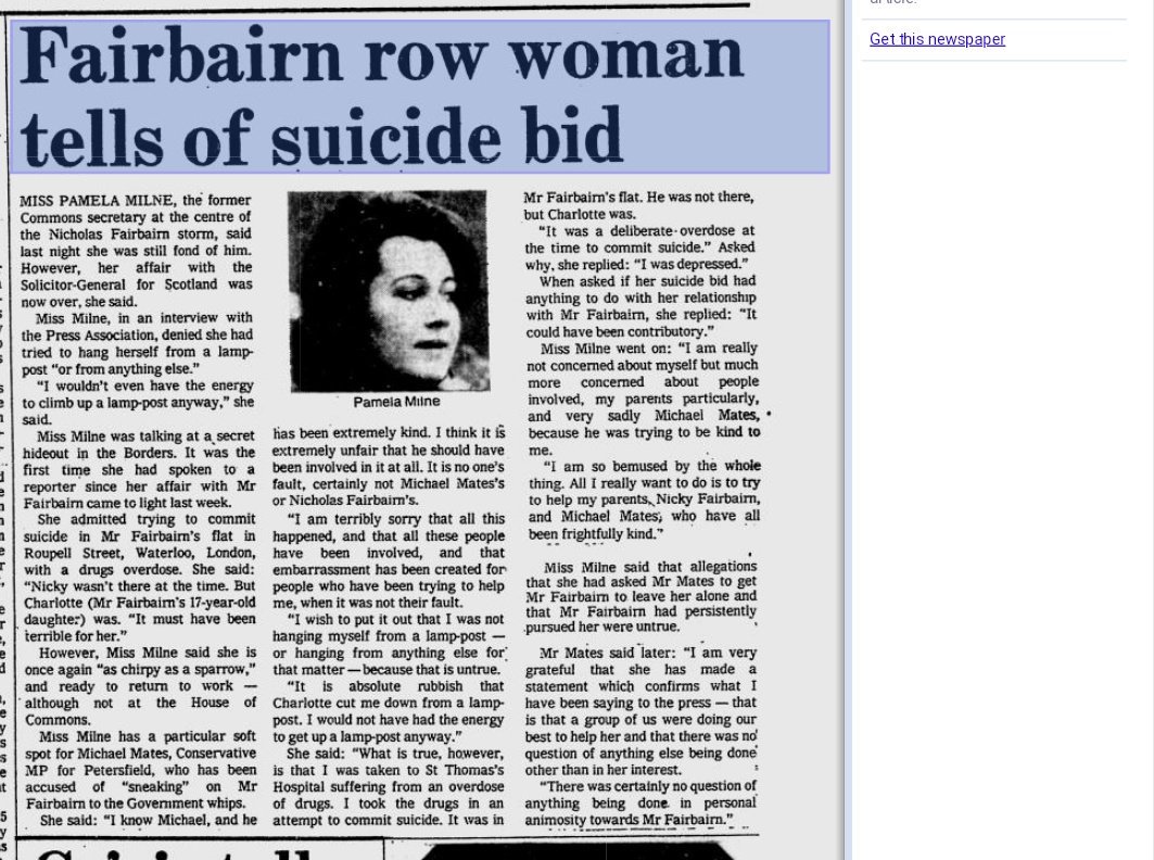 Nicholas Fairbairn and Michael Mates, both MPs and residents of Hawkins in Dolphin Square were close friends, even visiting Rhodesia together. When Fairbairn's affair with Charles Morrison's secretary went seriously wrong, it was Mates who had to intervene.