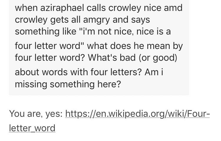 せり Q アジラフェルに優しいと言われたクロウリーが怒って 優しいは俺にとっては四文字言葉だ と言うけど 四文字言葉ってどういう意味 何か見落としてる A うん そうだね T Co Nmckywrjvq T Co P06vnolq2z T Co Kran79qhs0