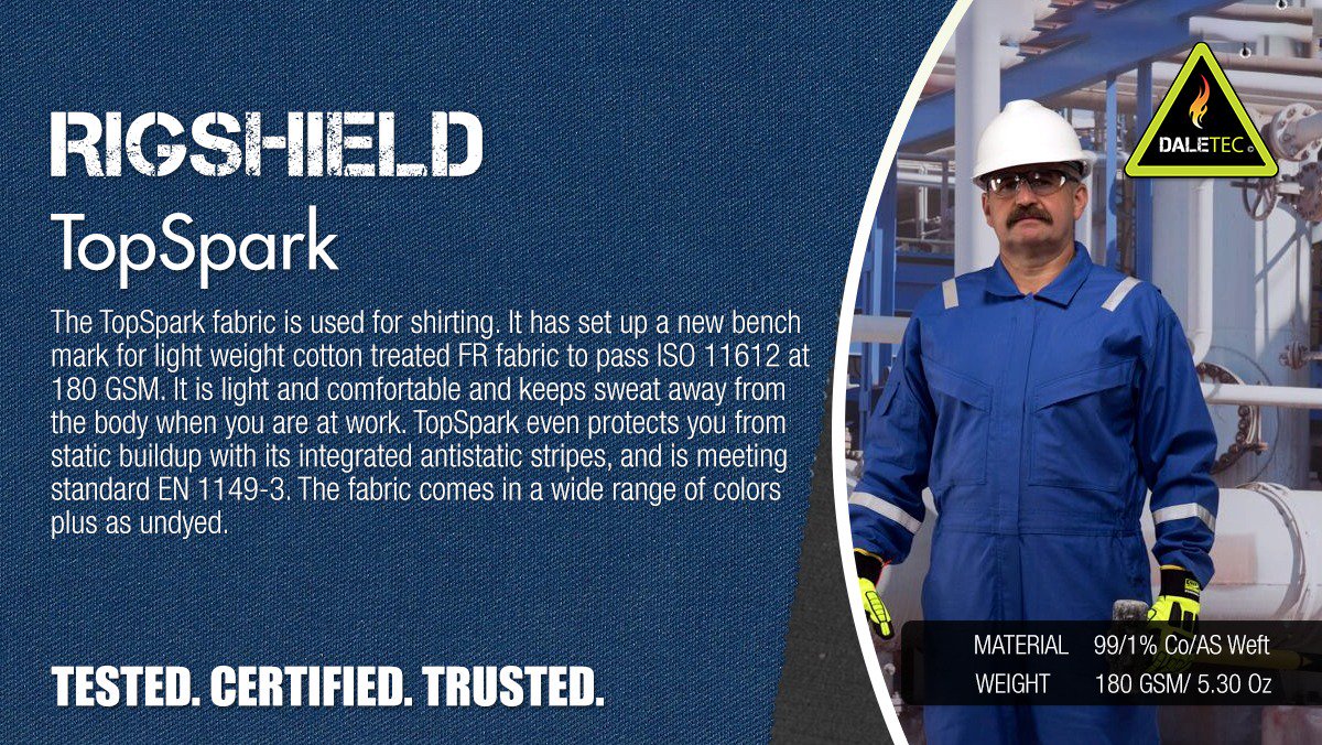 Daletec1's tweet image. A lightweight cotton article TopSpark is 180 GSM FR fabric meets the requirements of ISO 11612  and  EN 1149-3 standards. The product is used for making shirts. The fabric provides protection against static buildup
#Daletec #fabric #RigShield #TopSpark #Fireretardantfabric