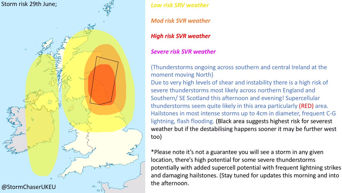 StormchaserUKEU's tweet image. *Today’s thunderstorm risk* #Supercell #thunderstorms are possible due to correct environment, high shear, large instability. Damaging hail, flooding and frequent lightning all possible affects. #Severweather #ukweather #extremeweather