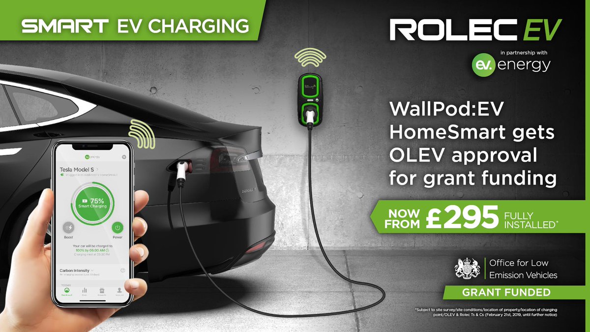 RolecEV's tweet photo. Rolec #WallPod: EV HomeSmart is #OLEV approved for grant funding on the #EV Homecharge Scheme (EVHS). Now from £295 fully installed*. For more information call us on 01205 724754, or email rolec@rolecserv.co.uk #EVcharging #electricvehicles #phev #smartcharging https://t.co/SqMlkfWEmI