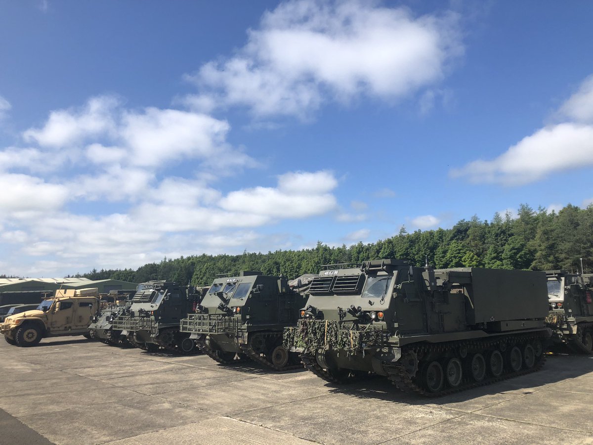 176Bty's tweet photo. Abu #Armour being lined up as we make final preparations to rebase the Regiment from Albemarle Barracks to Purvis lines in Larkhill #AbuSpirit #TheDivDeep #MLRS #RoyalArtillery #Gunners #Ubique #BritishArmy #Oneregiment #movingday #artillery #ArmedForcesWeek https://t.co/ddVzt0Gi7E