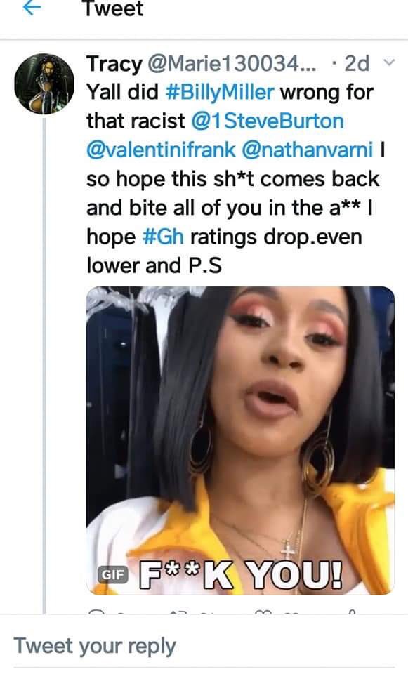 graysonpink's tweet image. That’s not you’re name?!? On this hate tweet tagging Steve?!? Pretty sure that’s you🤔 You are @carrier_tonya are you not?!? This is full on...Steve Burton tagged hate and YOU are full on liking the post. 🤷‍♀️#KillyWithHypocrisy #GH