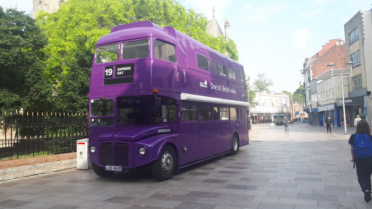 DrewTur60600586's tweet photo. Utility Warehouse big purple Routemaster bus outside the Queen's Arcade come along enter free prize draw save money on bills 10 a.m. to 4 p.m. Saturday&amp; Sunday https://t.co/3xzINBLpZM