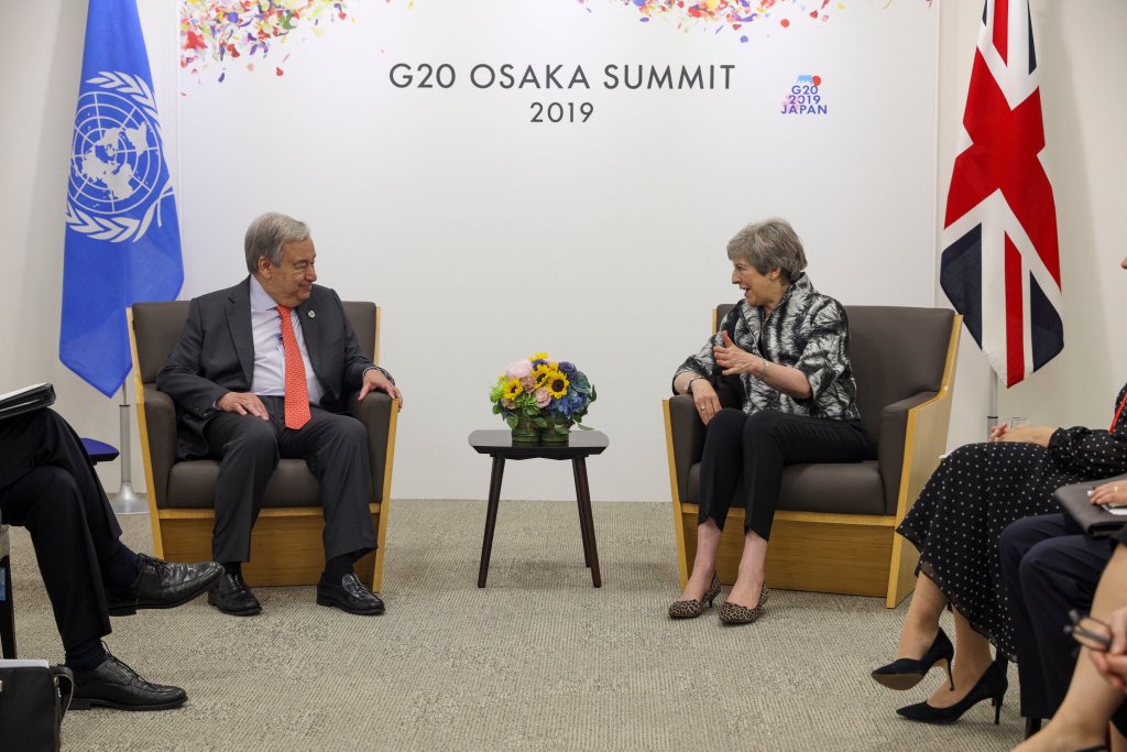 theresa_may's tweet photo. At #G20OsakaSummit I committed to ensuring all UK aid is spent in line with the Paris Agreement and urged world leaders to follow the UK's commitment to cut greenhouse gas emissions to #netzero by 2050. https://t.co/wrDE7WAMgB