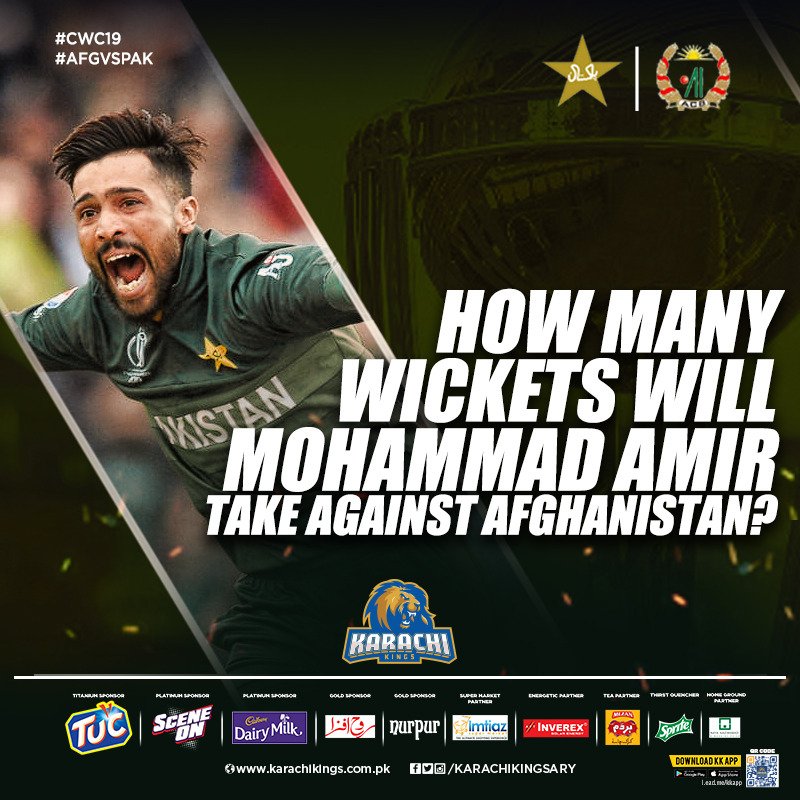 KarachiKingsARY's tweet photo. How many wickets our π #KingBowler #MohammadAmir will take in today's match against π¦π« #Afghanistan ? π€
Share your answers in the comments section below ππ»
#KarachiKings #DeDhanaDhan #KingsRoar #PAKvAFG #CWC19 #WeHaveWeWill
@iamamirofficial https://t.co/lixRpoWJUV