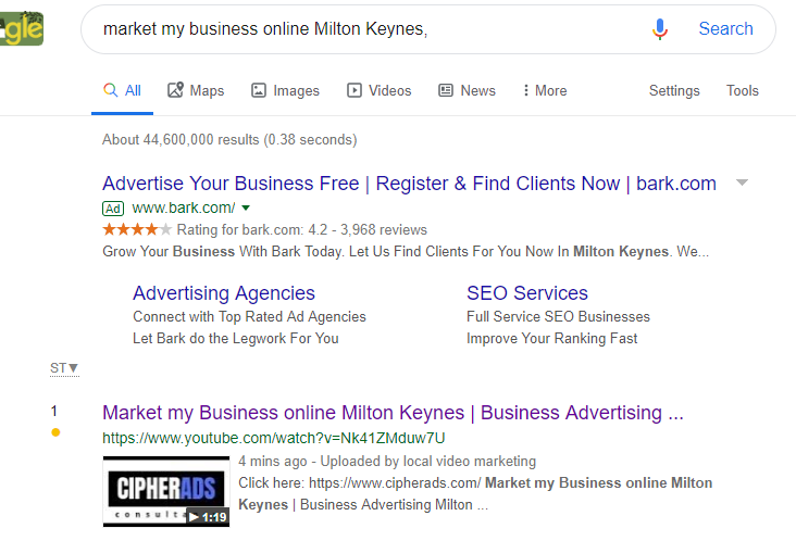 No 1 Google, Google Videos and YouTube in minutes if want this exposure for your business. message me ! Cipher Ads .. new Client Happy.