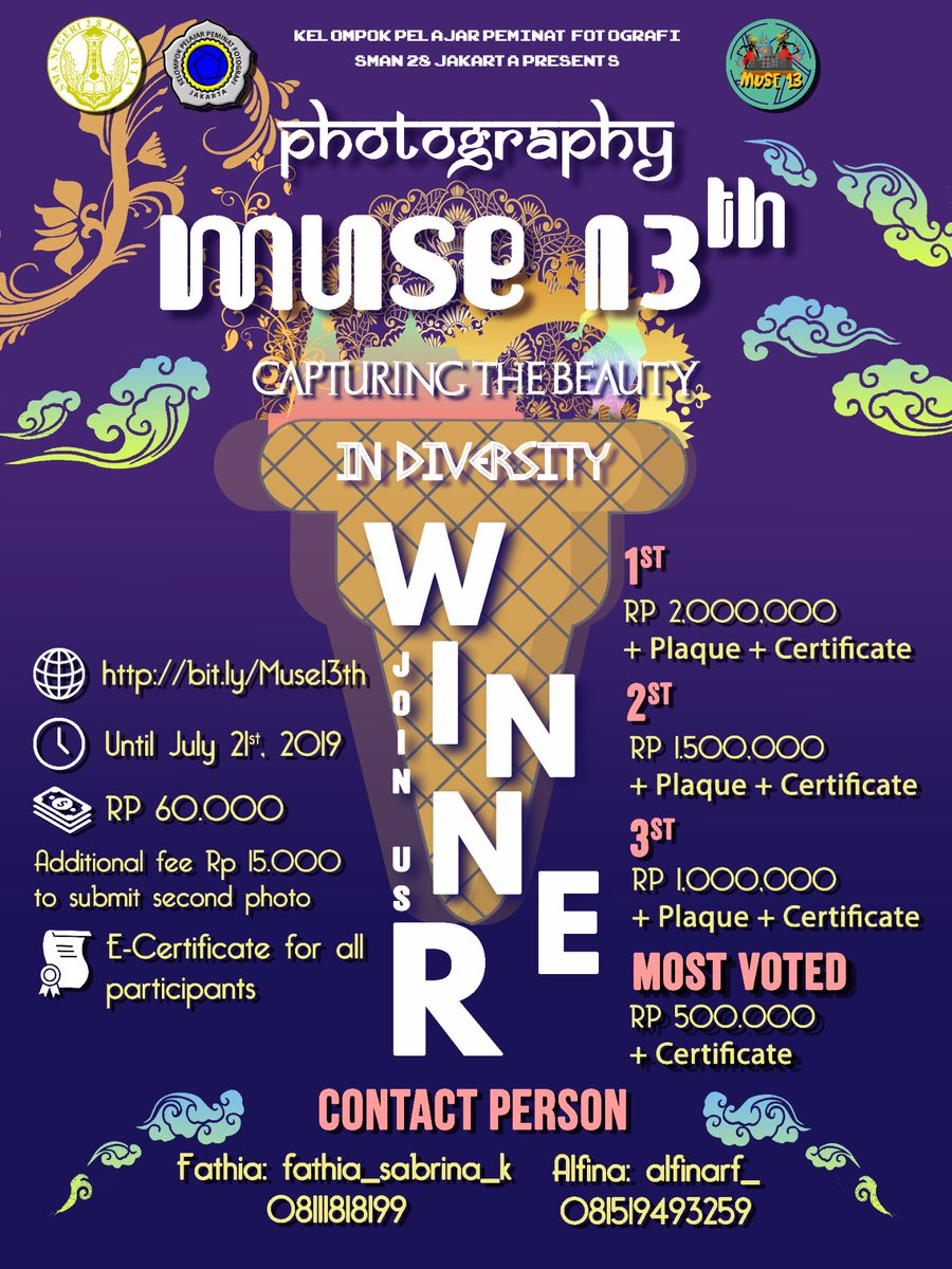28Muse's tweet photo. Let's capture the diversity and join us! Register yourself here: https://t.co/TntNui5NoQ
🎎 Theme: Culture
💲 Registration fee: 60.000
📩 Deadline: July 21st, 2019
🏅 Total prizes: 5.000.000
Find us on:
Instagram: @28Muse
LINE: @fkq4551r (use @)
#28Muse #Muse13th #photography https://t.co/IpcmIHQ2Iy