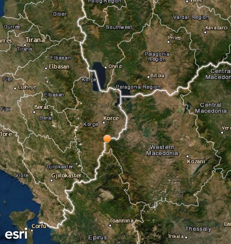 Mag: 4.7 mb Jun-29-2019 a las 13:01 UTC en LÍMITE KORCE (ALBANIA 🇦🇱)/MACEDONIA OCCIDENTAL (GRECIA 🇬🇷) a 10 km de profundidad

🕐 15:01 hora albanesa.
Ⓜ️ Percepción Mercalli:

#Korce: V-VI
#Pogradec: III-IV
#Ohrid: III
#Bitola: III 

Info: earthquake.usgs.gov/earthquakes/ev…