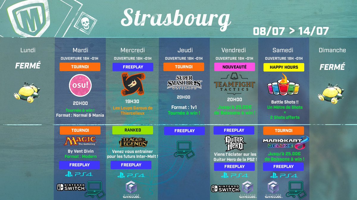 MeltdownStras's tweet photo. Hey les ami(e)s ! Comme toujours, on vous organise une belle semaine. 😎
#OSU #MagicTheGathering
#LoupsGarousdeThiercelieux #LeagueOfLegends #SuperSmashBros #SSBU #TeamfightTactics #GuitarHero #MarioKart #BattleShots #jeuxvideo #eSports #geek #Party #Strasbourg @Team_ECS https://t.co/wM1GTS123M